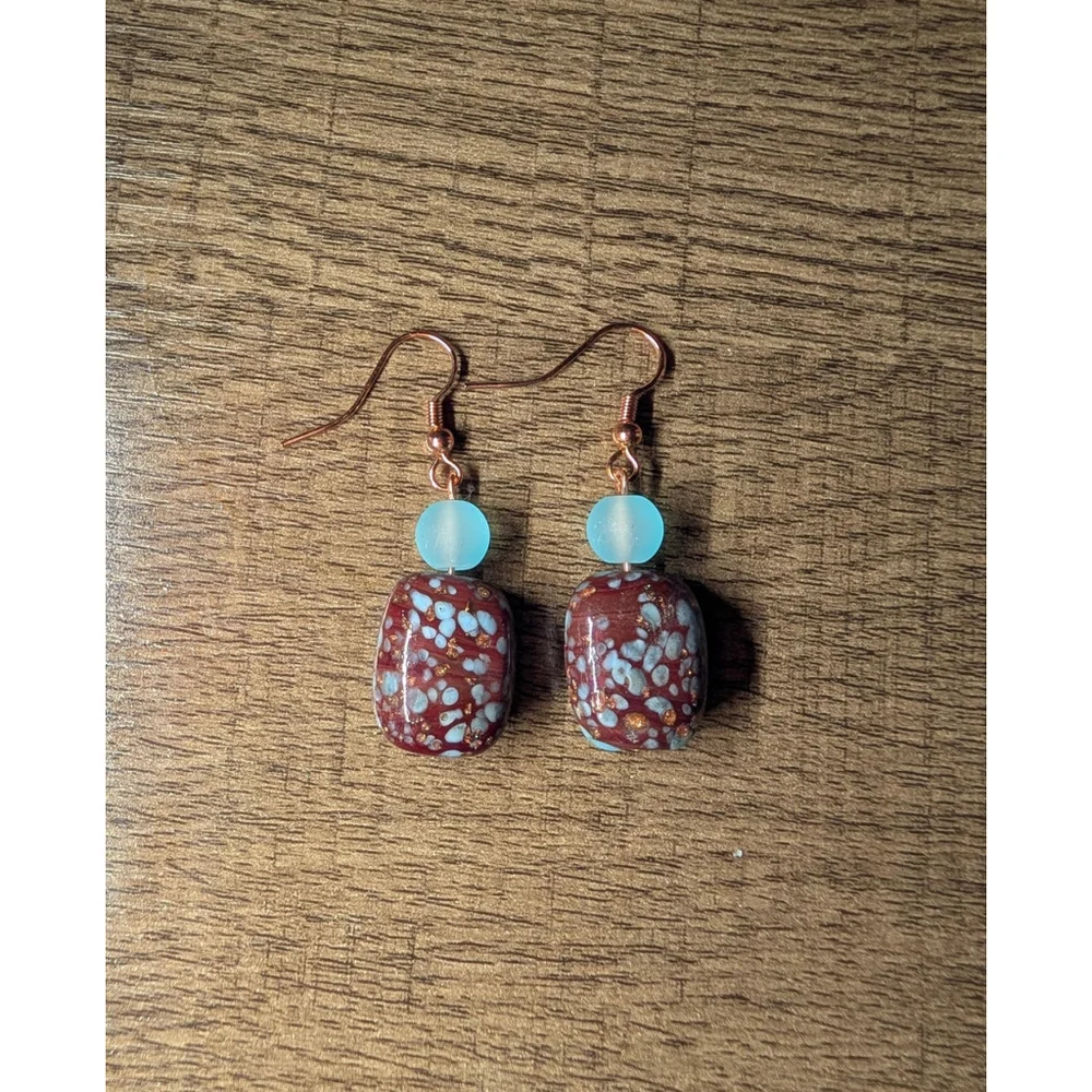 Blue & Brown Glass Dangle Earrings with Rose Gold Hooks Handmade Speckled Bead - Picture 5 of 8